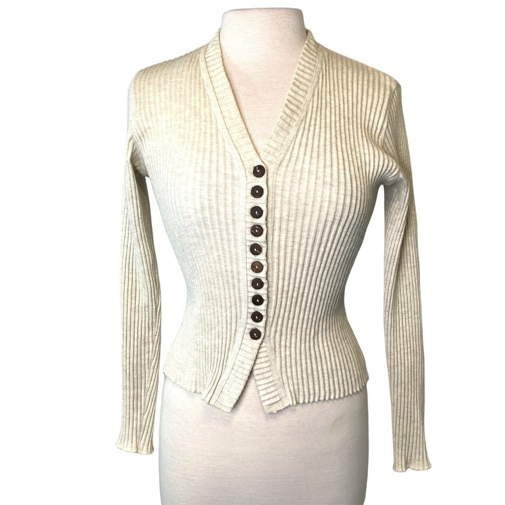 Ribbed Button Front Sweater Size M Light Beige Clothes And Effect Slim Fit Women - Picture 1 of 5